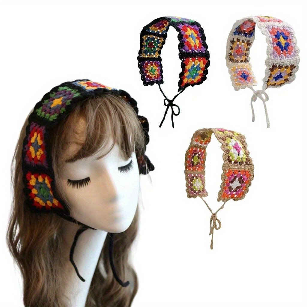 

Bohemian Vintage Crochet Headbands - Cotton Knitted Hairbands With Floral And Geometric Patterns, Boho Style, Christmas Holiday Accessory, Single Piece