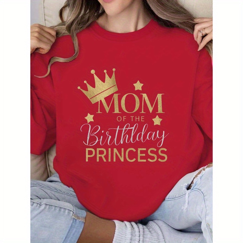 

Casual Crew Neck Sweatshirts For Women - 100% Polyester Knit Fabric With Geometric Crown & Lettering, Fall/winter Cozy Fashion Pullover - "mom Of The Birthday Princess" Design