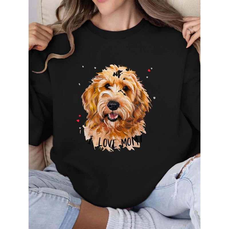 

Polyester Crew Neck Sweatshirt For Women With Goldendoodle & 'i Love Mom' Print - Casual Knit Fabric Geometric Pattern Top For Fall/winter