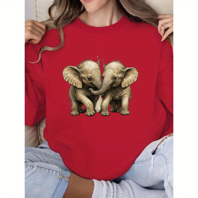 

Elephants Playing Print Pullover Sweatshirt, Casual Long Sleeve Crew Neck Sweatshirt For Spring & Fall, Women's Clothing