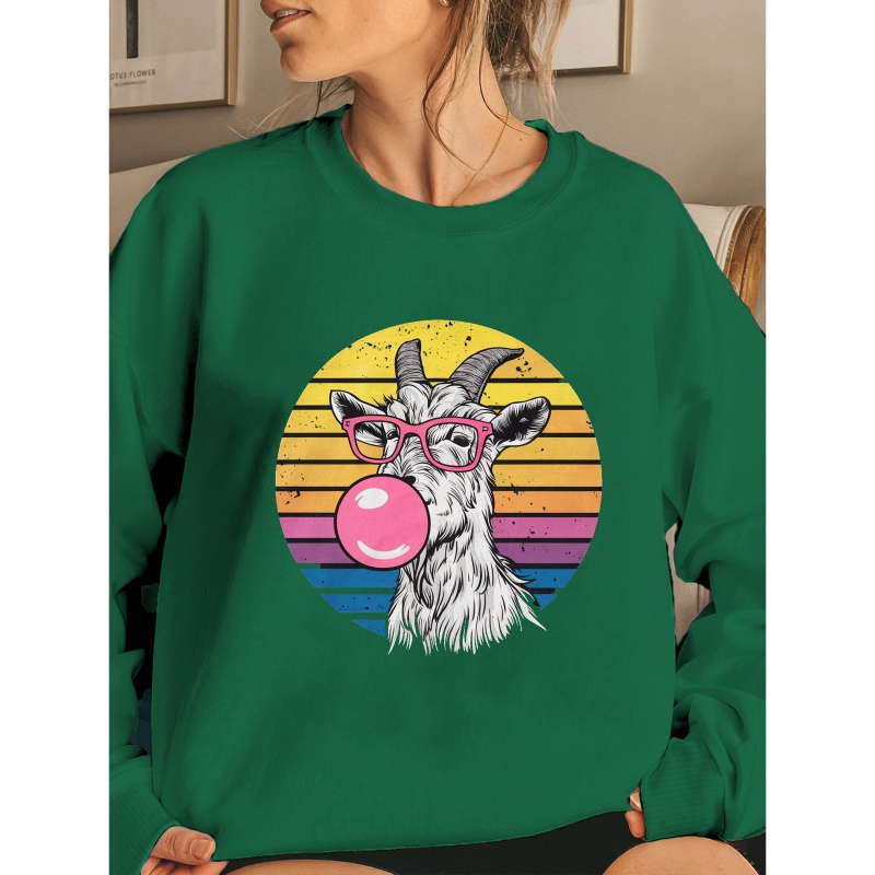 

Goat Print Pullover Sweatshirt, Casual Long Sleeve Crew Neck Sweatshirt, Women's Clothing