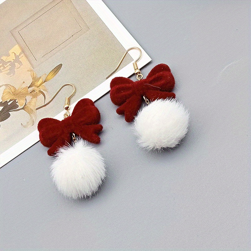 

1 Pair Cute Bow Fluffy Ball Dangle Earrings, Elegant Dangle Earrings With Red Flocked Bow Design, Christmas Gifts For Women, Birthday Gifts
