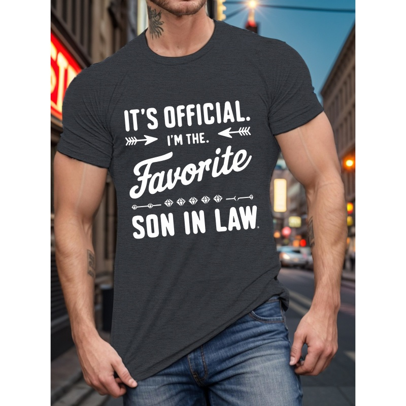 

Men's Polyester Crew Neck T-shirt With "favorite Son In Law" Print - Casual Short-sleeve Knit Tee With Slight Stretch And Geometric Pattern For Summer