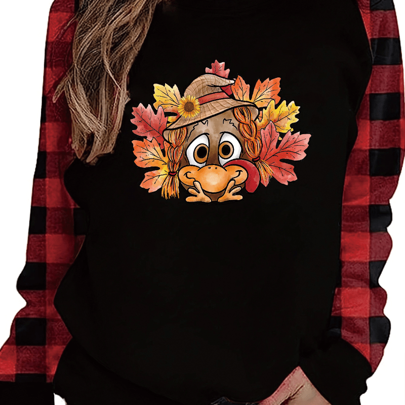 

Women's Plus Size Thanksgiving Turkey Print Casual Crew Neck Knit T-shirt - 95% Polyester, 5% Elastane With Medium Stretch, Long Sleeve, Fall/