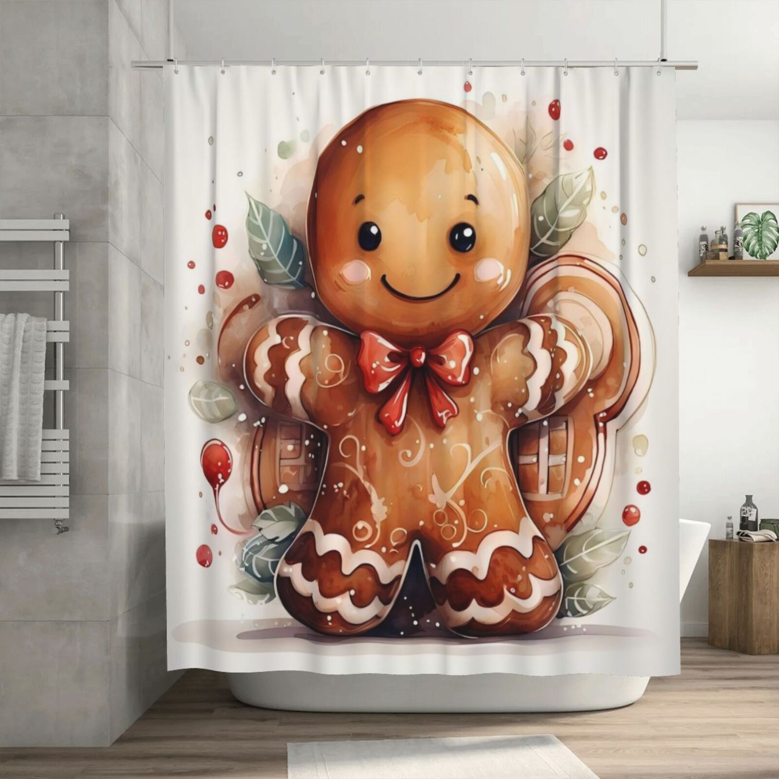 

Festive Christmas Gingerbread Man Shower Curtain - 180x180cm Polyester, Waterproof, No Hook, Seasonal Home Decoration