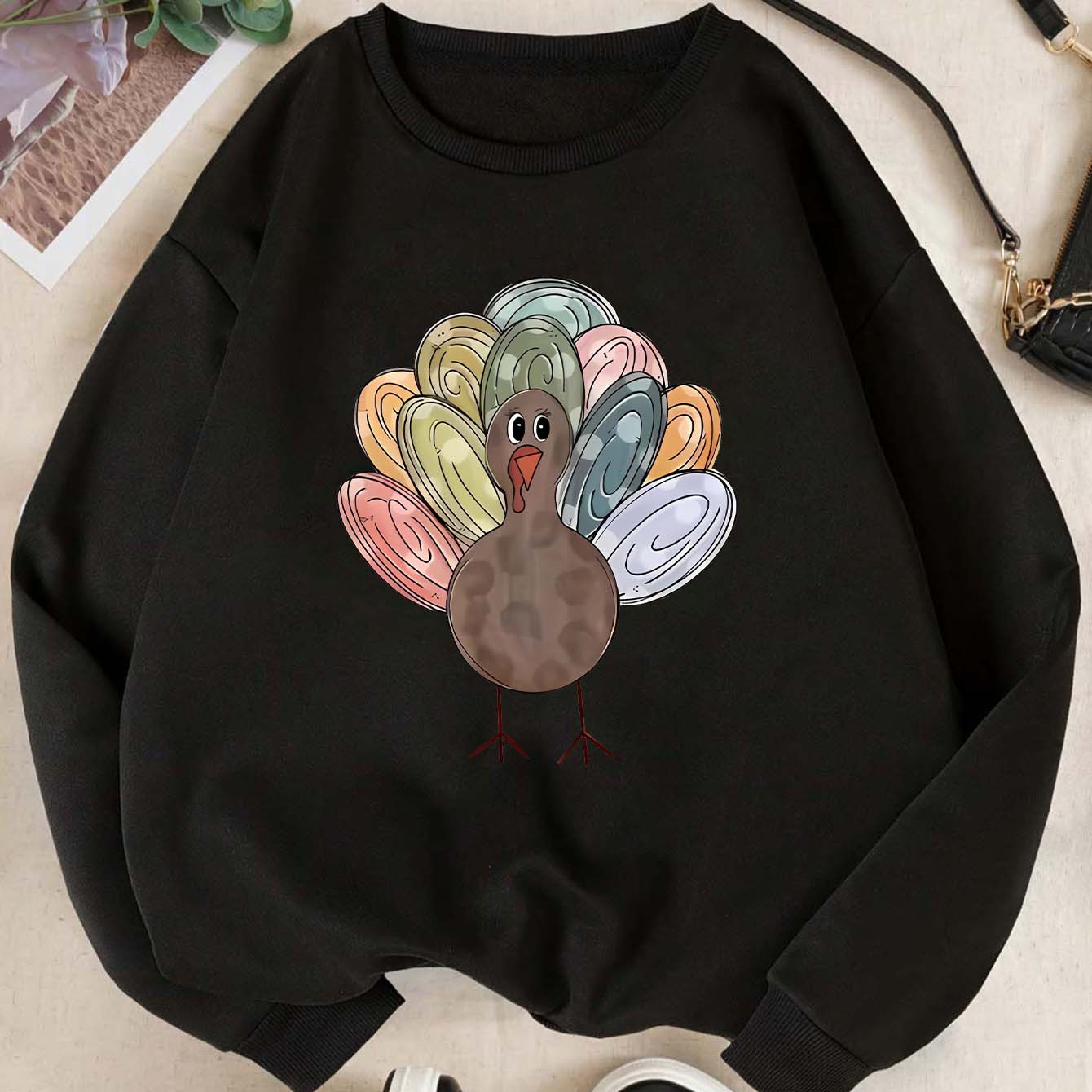 

Elegant Thanksgiving Turkey Neck Sweatshirt For Women - Casual Long Sleeve Pullover, Machine Washable