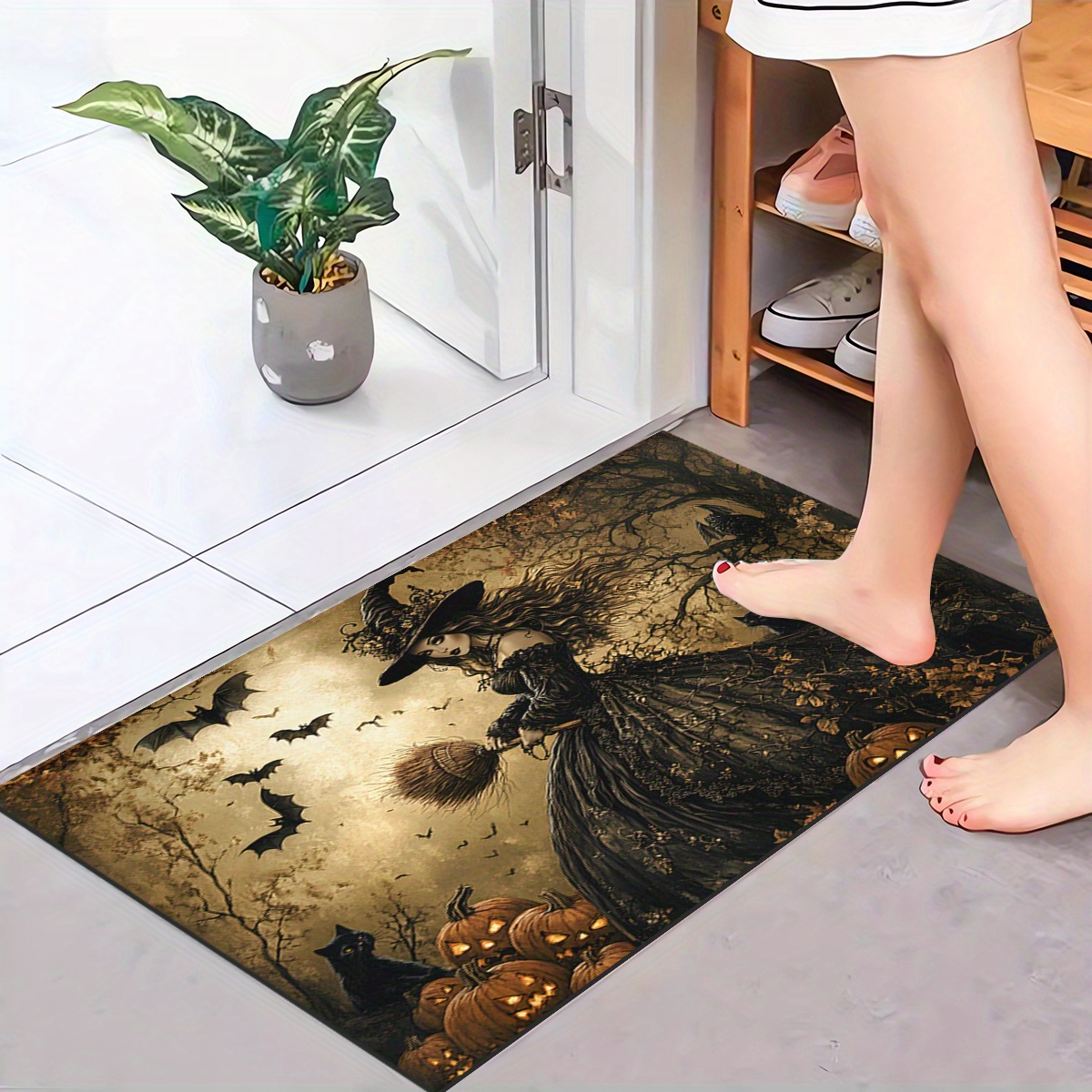 

Themed Welcome Doormat, Broomstick & Pumpkin Polyester Bath Mat, Indoor Home Decor Rug For Bedroom, Kitchen, Living Room, Hallway, Non-slip Absorbent Floor Mat, Hand Wash Only - Polyester 100%