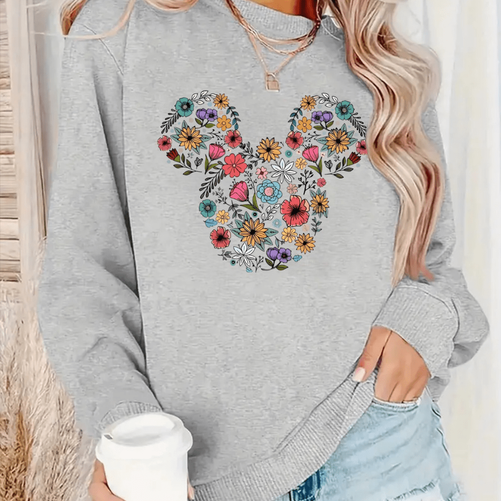 

Women's Cozy Fleece-lined Sweatshirt With Floral Mouse Print - Casual Crew Neck Pullover, Machine Washable