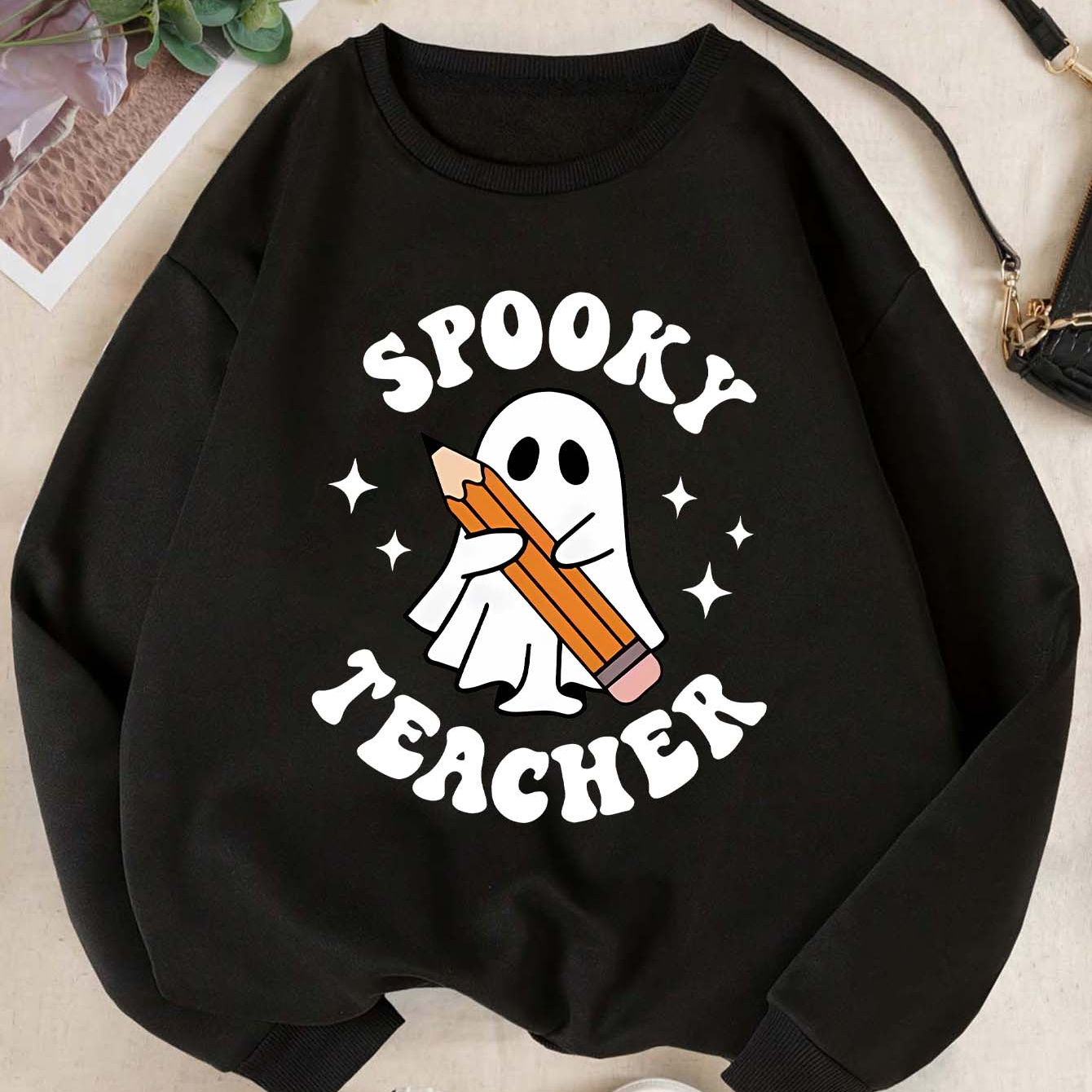 

Spooky Teacher Graphic Sweatshirt For Adults - Street Style Round Neck Pullover With Print, 100% Polyester, All-season Knit Fabric, Casual Long Sleeve Hoodie