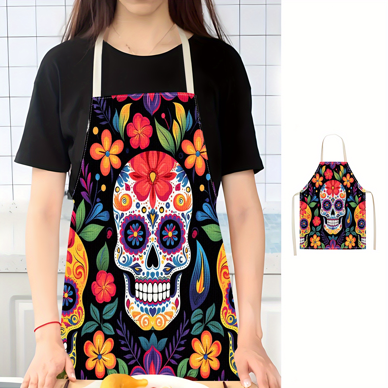 

Day Of The Dead Sugar Apron - 1pc Sleeveless Kitchen Apron, 100% Polyester Woven Fabric, Adjustable Neck, Oil-resistant Cooking Apron For