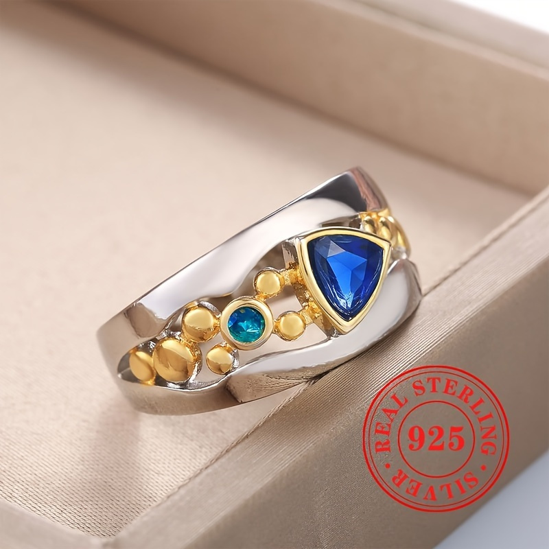 

925 Sterling Silver Ring With Triangular Cut Blue Synthetic Gemstone Vintage Ring Jewelry