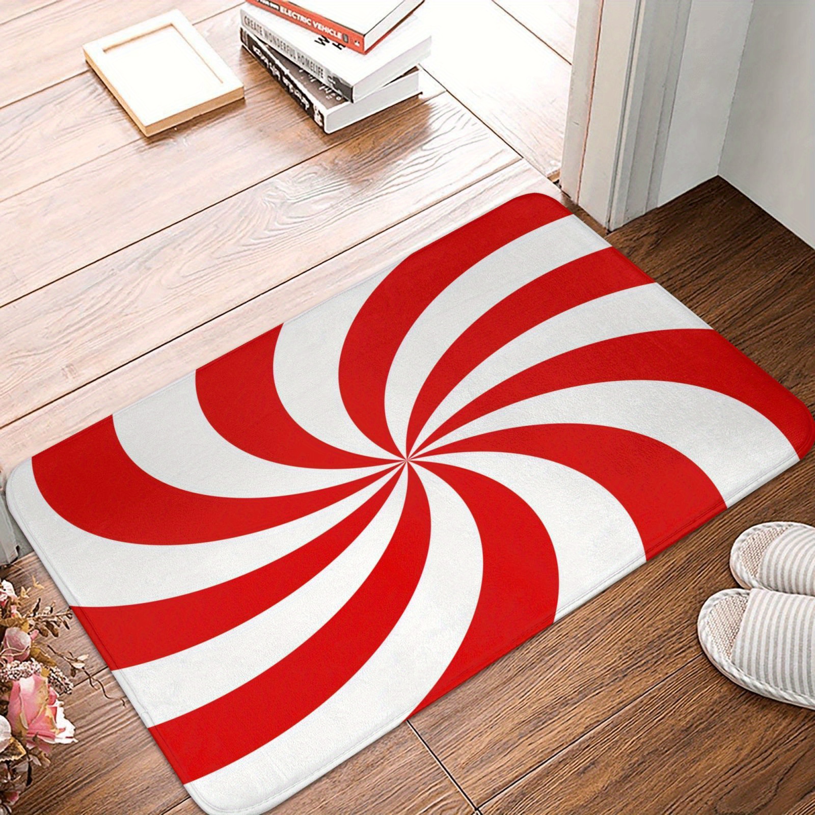 

Merry Welcome Doormat - Red & White Design, Double Swirl Christmas Decor, Indoor/outdoor Polyester Mat, Hand Wash Only