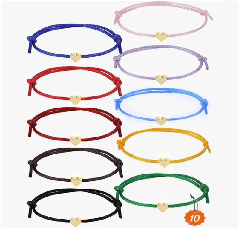 

10pcs/set, Simply & Classic Style, Colorful Woven Bracelet With Golden/ Silvery Heart Shape For Couple, Fashion Creative Accessory For Vacation & Daily Wear, Idea Gift