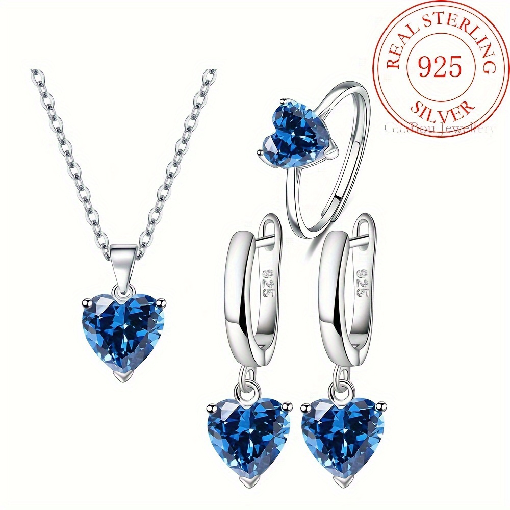 

3pcs 925 Sterling Silver Romantic Heart-shaped Cubic Zirconia Necklace, Ring, And Earring Set - Sexy And Elegant Jewelry Suitable For Anniversaries And Valentine's Day Gifts Wedding