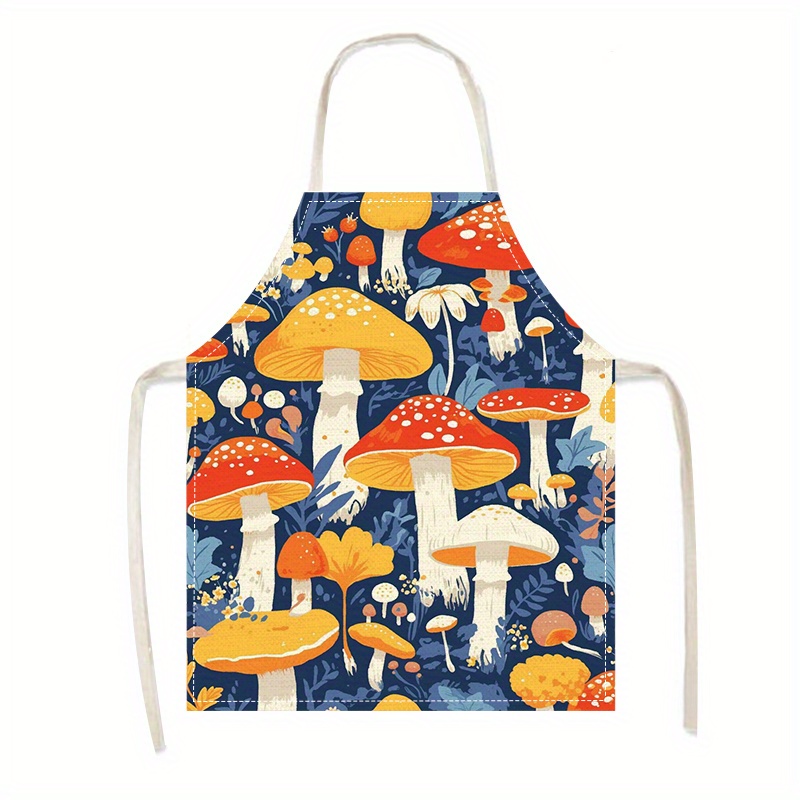 

Mushroom Art Design Linen Apron - 100% Linen Fabric, Woven, Oil-proof, Stain-resistant Sleeveless Apron For , Baking, Cooking, Use