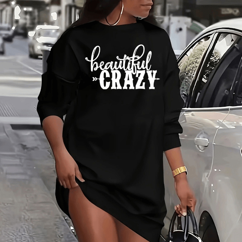 

Cozy Fall/winter Sweatshirt Dress: Black, Letter Print, Polyester, Micro-, Round Neck, Casual Style, Plus Size