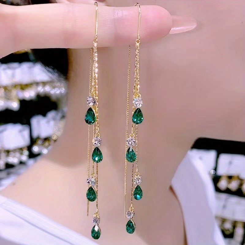 

Elegant Golden-tone Earrings With Sparkling Tassels - Green And Dangle Jewelry For Women - Parties And , Cute Earrings