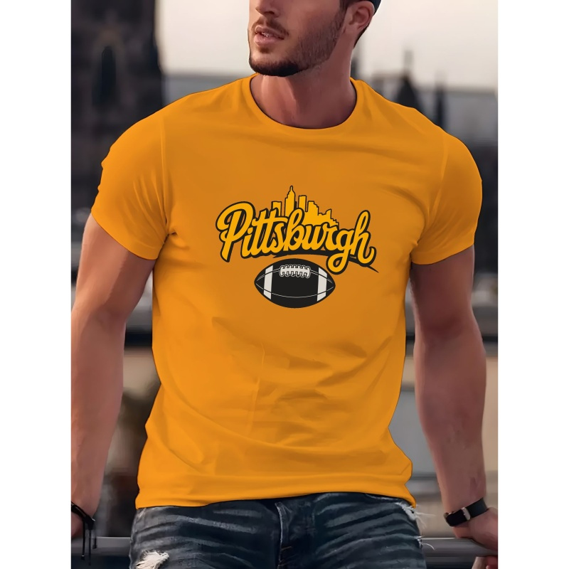 

Pittsburgh Men's Casual Crew Neck T-shirt With City Skyline & Ball Graphic, Polyester Blend Short Sleeve Tee For Summer - Regular Fit Knit Fabric Top