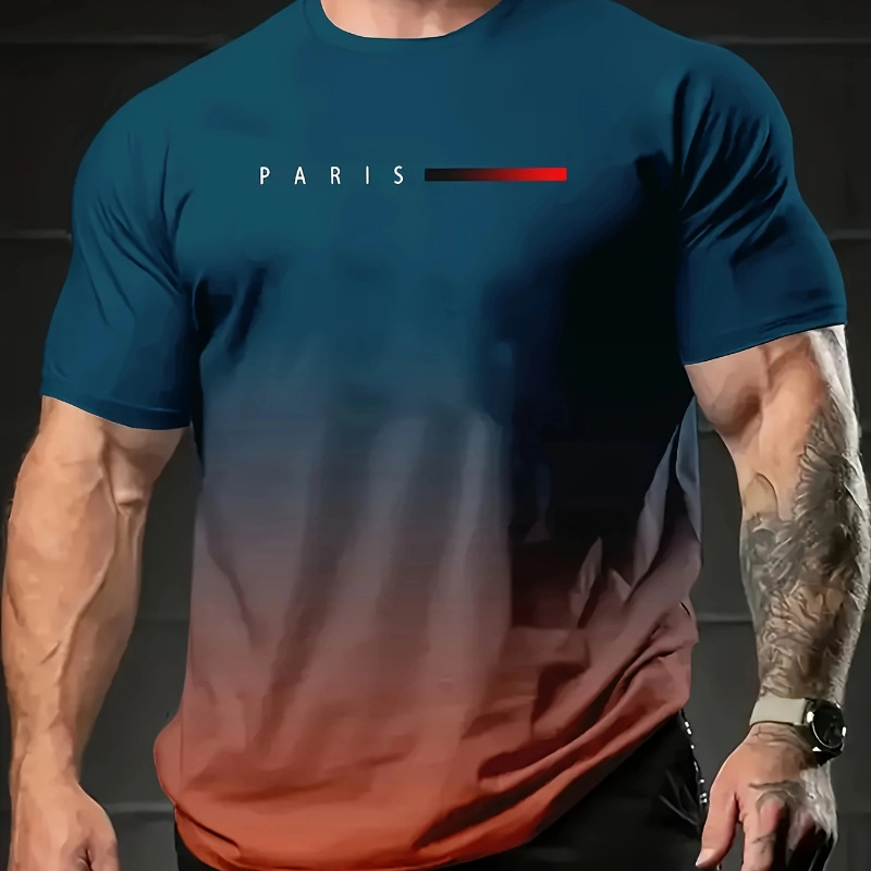 

Men'-inspired Gradient Paris Graphic Tee - 3d Printed, Crew Neck, Short Sleeve, Polyester , Machine Washable, Black To Red With Iconic "paris" Design For Summer, T-shirt Stylish