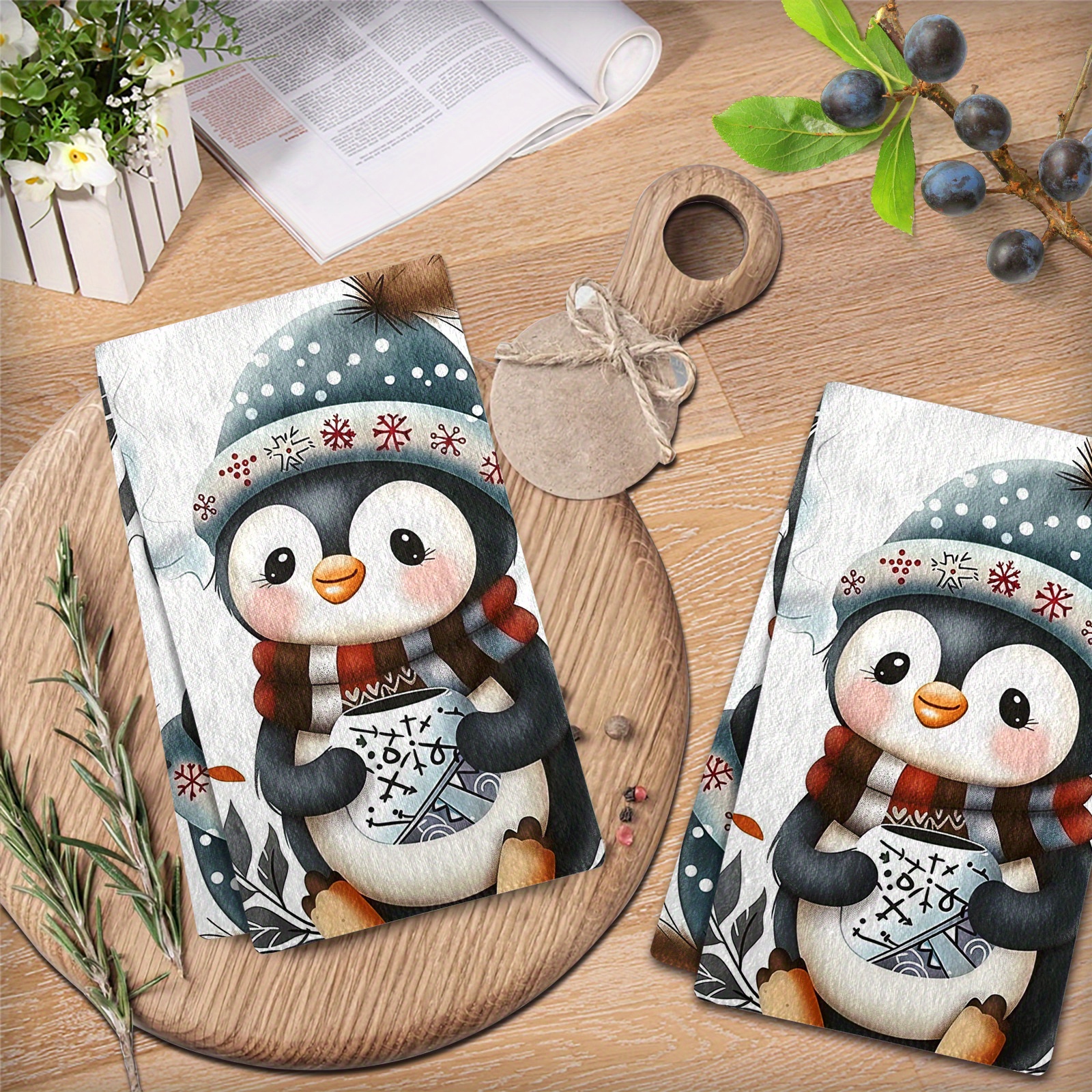 

2 Pcs, Cute Penguin Pattern Kitchen Towels: Ultra Absorbent, , Machine Washable, Cooking And Baking