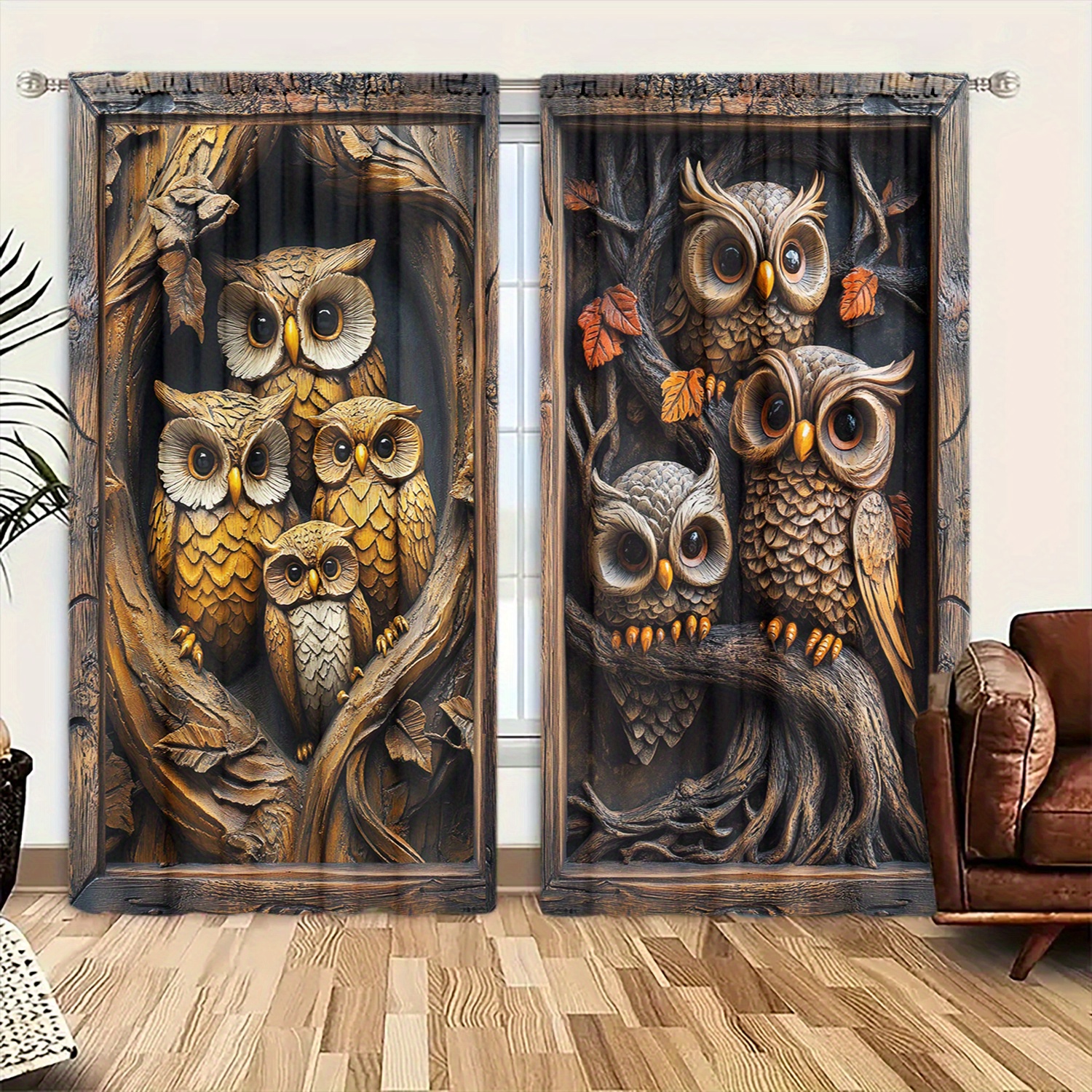 

Chic Vintage Owl Print Curtains 2pcs Set - Rod Pocket Design For Easy Hanging, Perfect For Bedroom, Living Room & More - Light Filtering Polyester Fabric