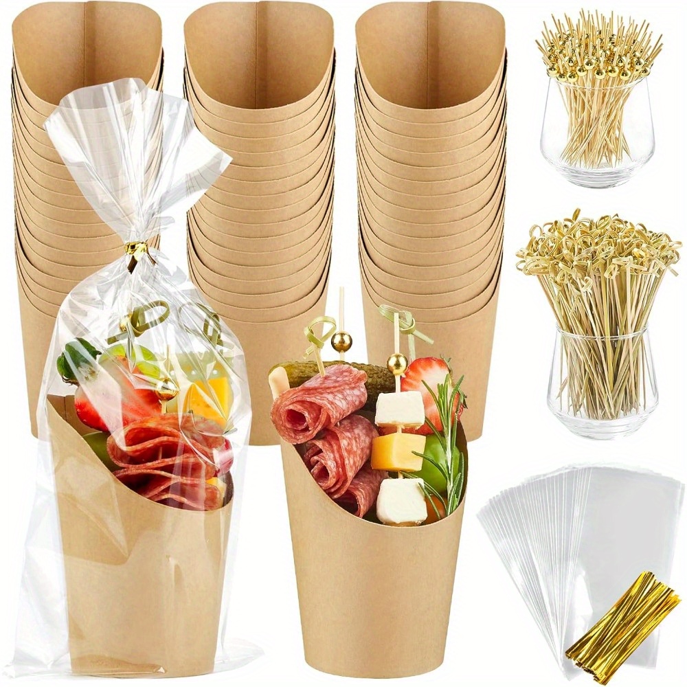 50 pack     paper charcuterie cups with 200 picks and 50 bags disposable individual snack serving cones for appetizers fruits waterproof and sturdy bottom