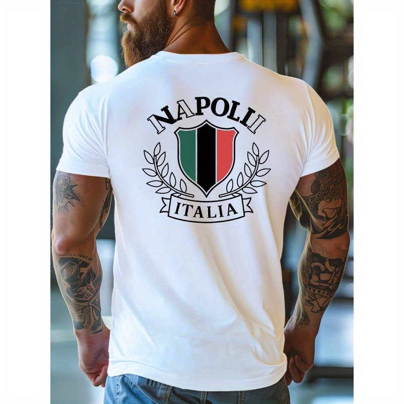 

Men's Napoli Italia Print Tee - 100% Polyester Knit Fabric, Geometric Pattern, Crew Neck, Casual Summer T-shirt With Stretch - Regular Fit