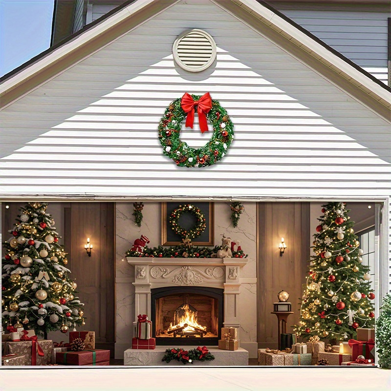 

Christmas Garage Door Banner - 71x157" Polyester, Festive Tree & Fireplace Design, Indoor/outdoor Holiday Decor For Garages And , With Pre- Holes, Best For Christmas