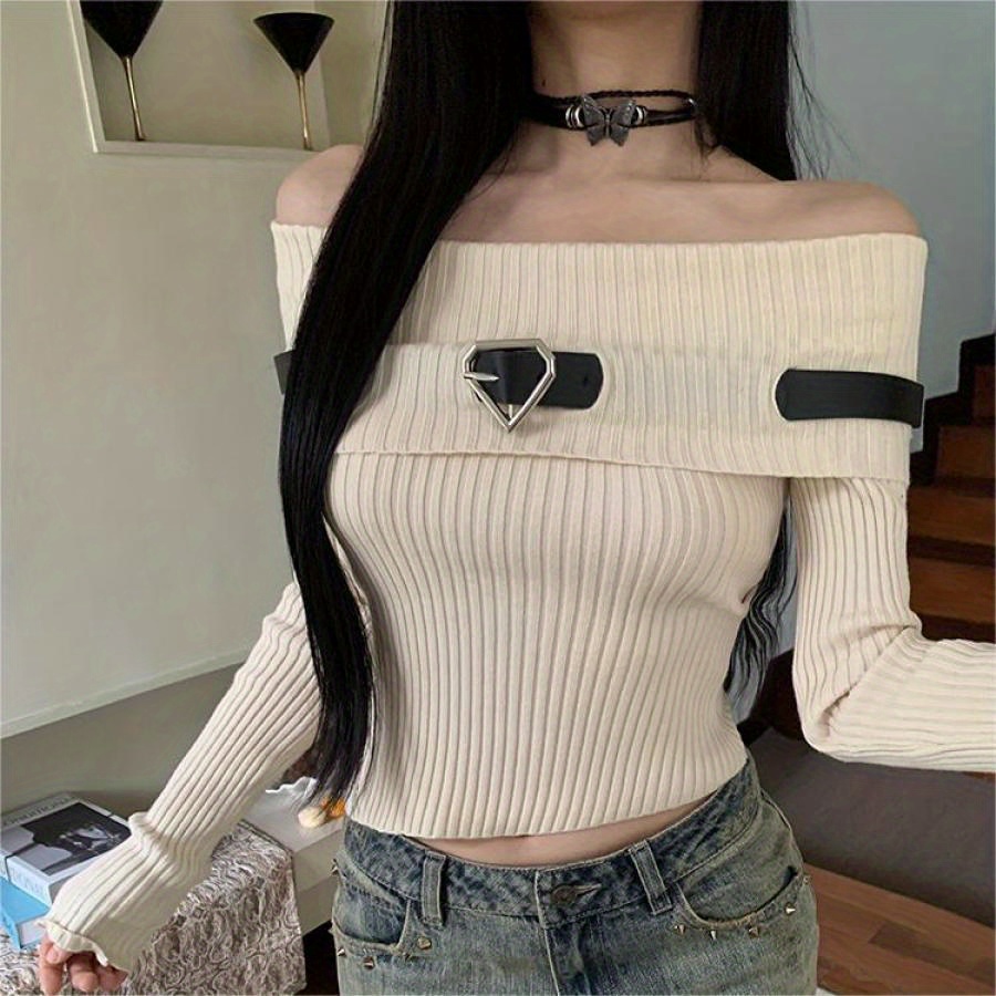 

Womens Off Shoulder Knit Tops Long Sleeve Slim Sweaters Fall Ribbed T-shirts