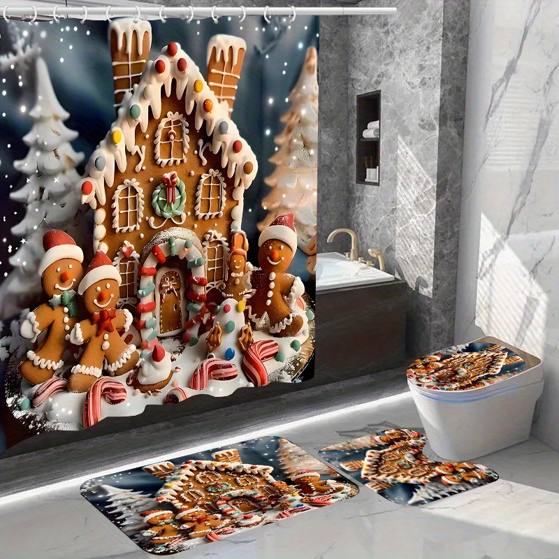 

Christmas Gingerbread House Shower Curtain Set With Hooks - Woven Polyester Waterproof Bathroom Decor, Non-slip Rug, Toilet Seat Cover, Fashion Pattern, Water-resistant Accessories (1pc/4pcs)