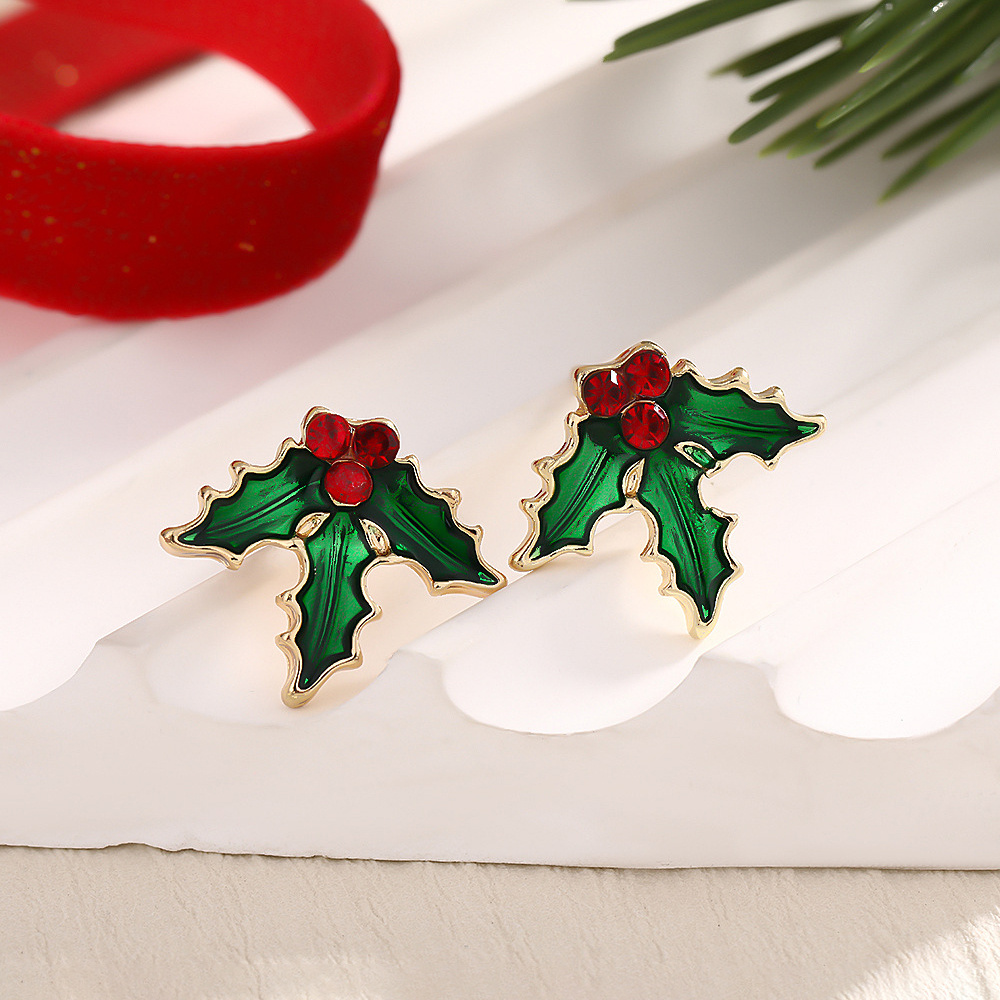 TEMU 1 par, aretes de tachuelas de moda para mujer, aretes de tachuelas de hoja de árbol de Navidad verde de dibujos animados navideños con de