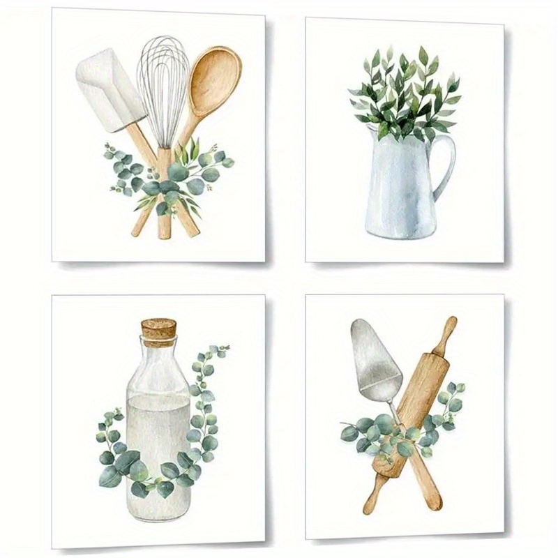 Image of 2d Flat, 2d Flat, Boho Kitchen Wall Decor Prints, Sage Green Eucalyptus Leaves Botanical Artwork, Minimalist Dining Room Posters - Educational Charts And Posters, Set Of 4, 8 X 10 Inches