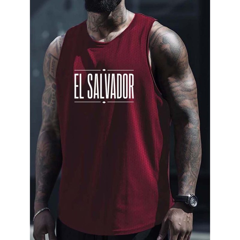 

El Salvador Print Casual Summer Vest For Men, Round Neck Casual Sleeveless Athletic Tank Top, Adult Knitted Sleeveless Top