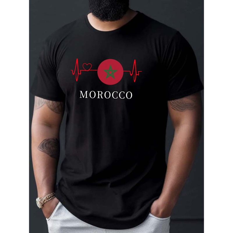 

T-shirt décontracté en polyester pour homme avec imprimé de battement de cœur marocain, manches courtes, col rond, tissu extensible, haut de mode estival, coupe standard.