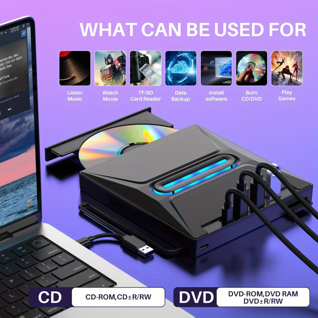 2024 new luminous 3 usb 3 0 external cd dvd drive typ c portable cd dvd rw drive dvd player hub   reader cd rom burner compatible with laptop desktop windows      