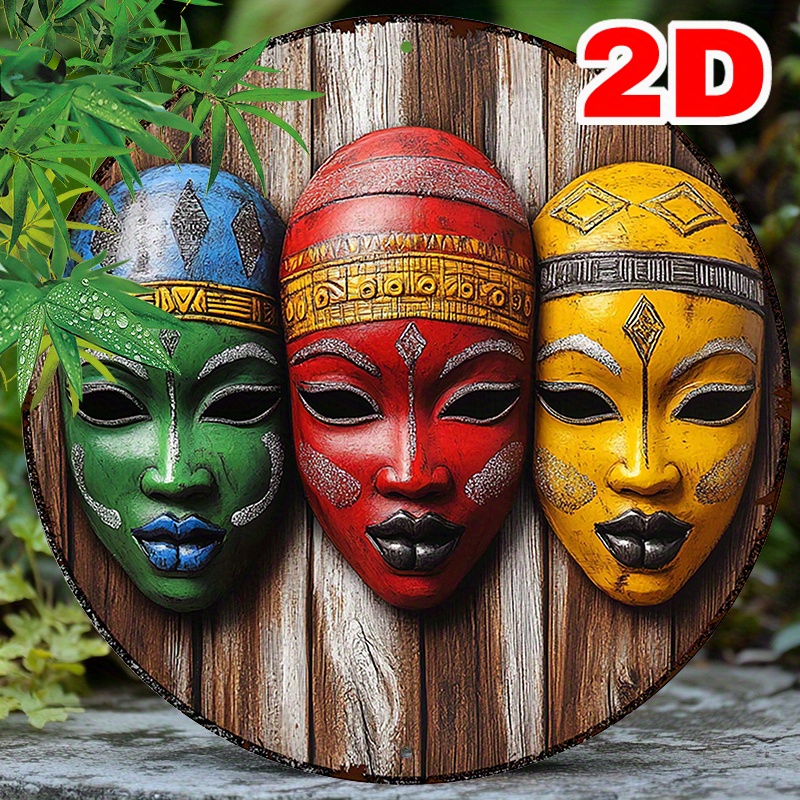 

1pc Round African Tribal Mask Aluminum Metal Art Sign, 8-inch Diameter, 2d Vivid Print Wall Decor With Pre-drilled Holes, Lightweight Uv Resistant Signage For Home, Garage, Bedroom Decor