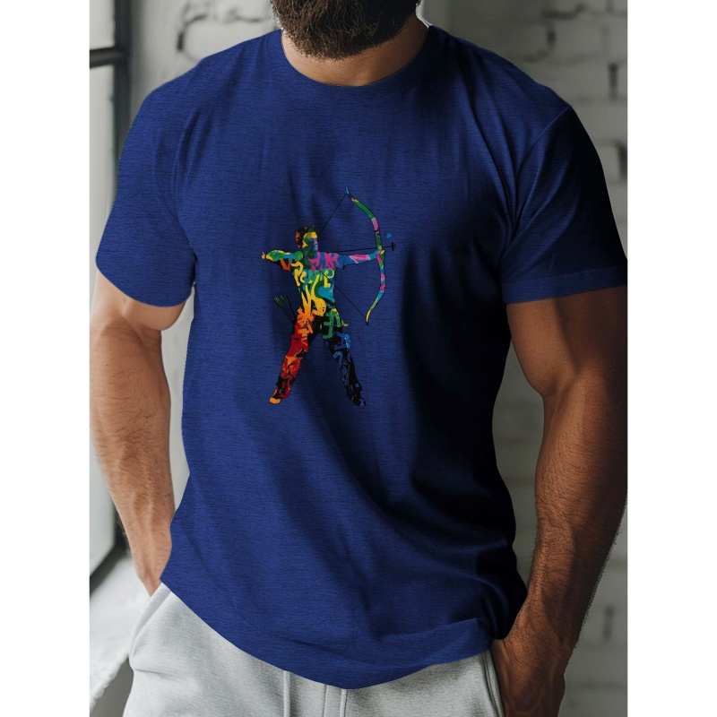 

Archery Silhouette Graffiti Graphic T-shirt - 100% Polyester Crew Neck Men's Casual Tee With Slight Stretch, Geometric Pattern, Summer Knit Fabric Short Sleeve Shirt