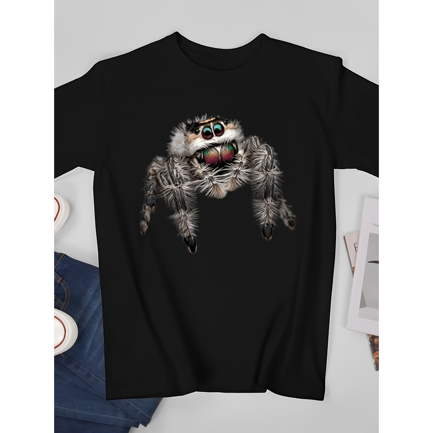 

Men's Spider Print 100%cotton Crew Neck Short Sleeve, Casual Daily T-shirt, Comfy Breathable Clothing For Summer