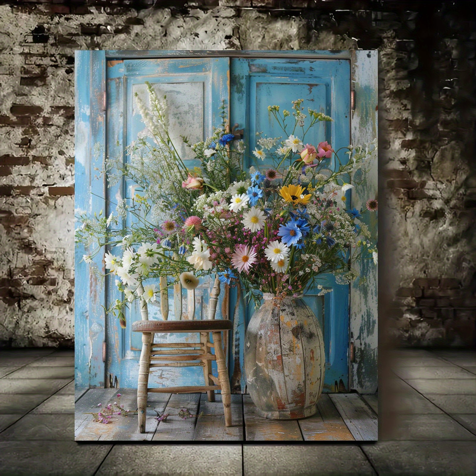 

1pc Contemporary Floral Canvas , In Vase With Old Chair Design, Large Wooden Artwork With Door, Elegant Wall Decor For Living Room, Bedroom - English Text, Wall Hanging, 11.8x15.7 Inches