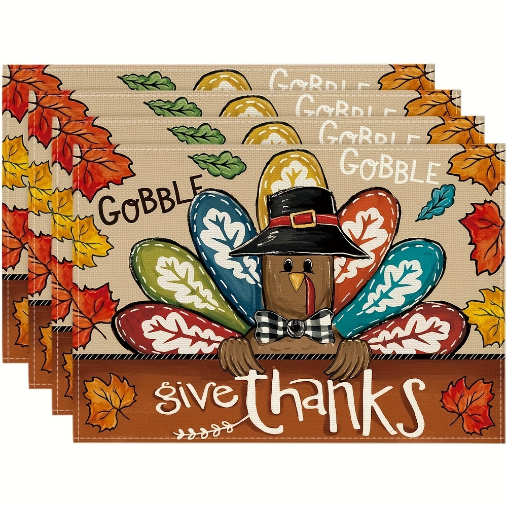 

Set Of 4 Thanksgiving Turkey Place Mats, Woven Polyester, Heat-resistant And Stain-proof, Hand Wash Only, Festive Kitchen Table Linens For Dining, Parties, And Holiday Gatherings