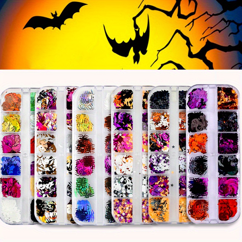 

6 Boxes Nail Art Glitter Sequins, 3d Holographic Spider Pumpkin Bat Witch For Diy Nail Art Party, Multicolor