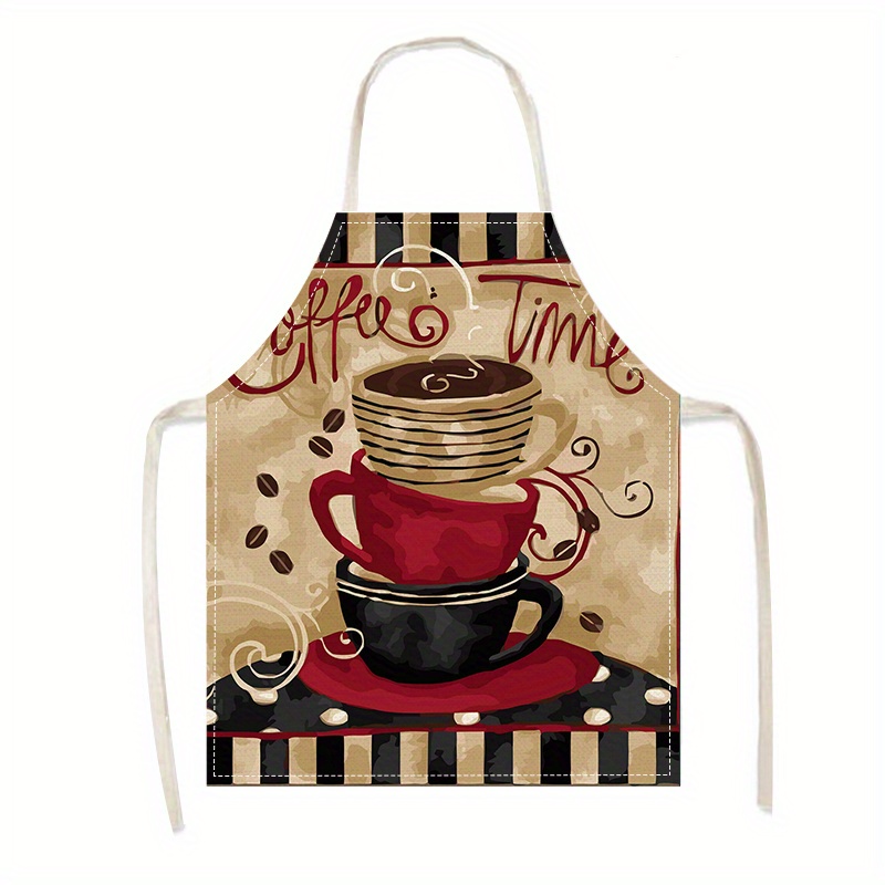 

1pc Coffee-themed Print Linen Apron - Stylish & Kitchen Wear For Cooking, Baking & Cleaning - Workwear