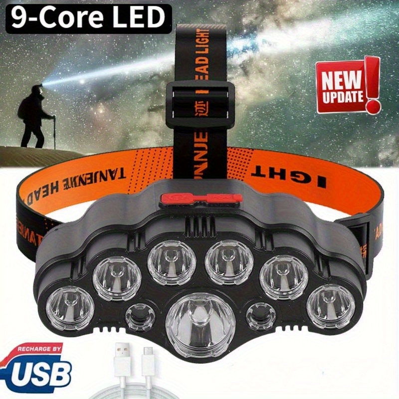 

Led Headlamp With 9 Core, Outdoor Abs Head-mounted 4 Modes, Rechargeable Headlight, Built-in Battery Headlight, For Fishing, Night Running, Outdoor Exploration, Inspection Lighting, And Night Cycling