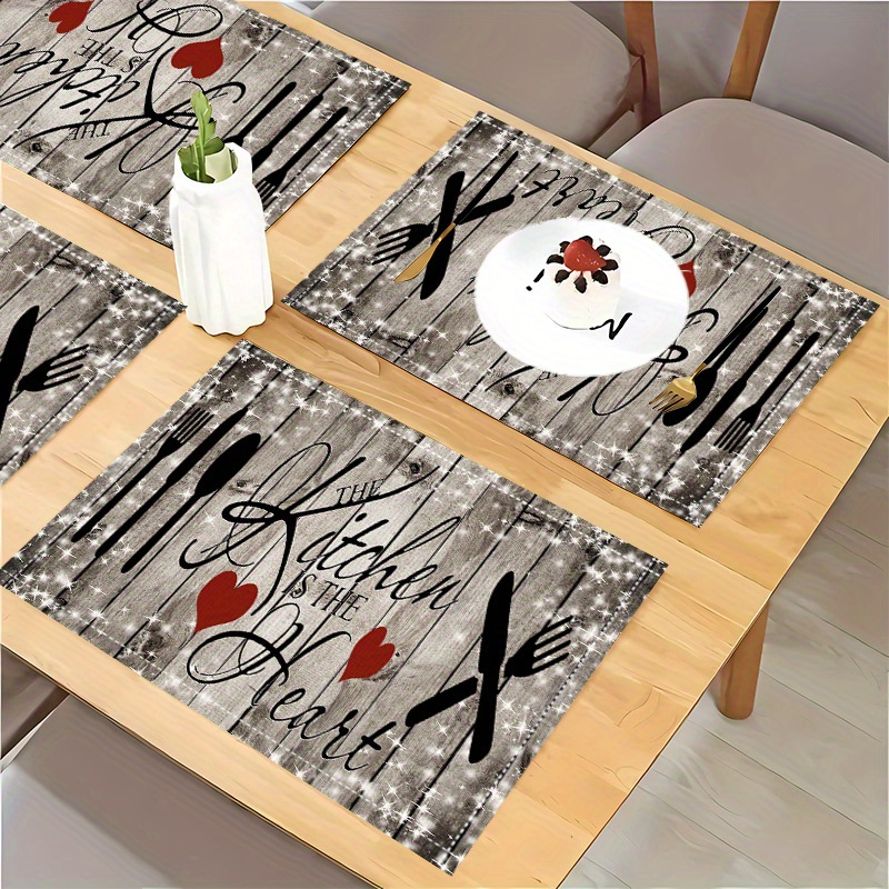 

4 Pcs, Linen Table Fabric, Kitchen Pattern Printed Table Mat, Home Kitchen And Dining Room Decoration