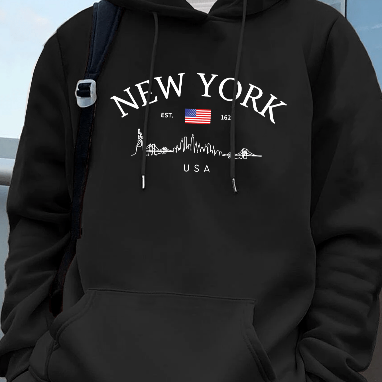 

New York Est. 1624 Graphic Hoodie For Men - Casual Spring/fall Knit Fabric Hooded Sweatshirt With Patriotic Print - Polyester & Elastane Blend With Slight Stretch, Regular Fit Geometric Pattern Hoodie