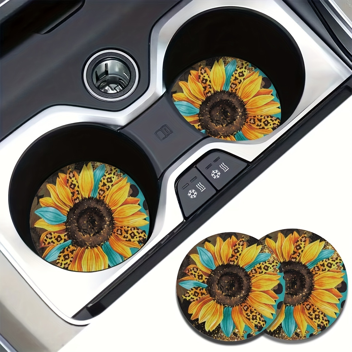 

2pcs Protect Your Car's Cup Holders With Sunflower Pattern Water Coasters - Set Of 2