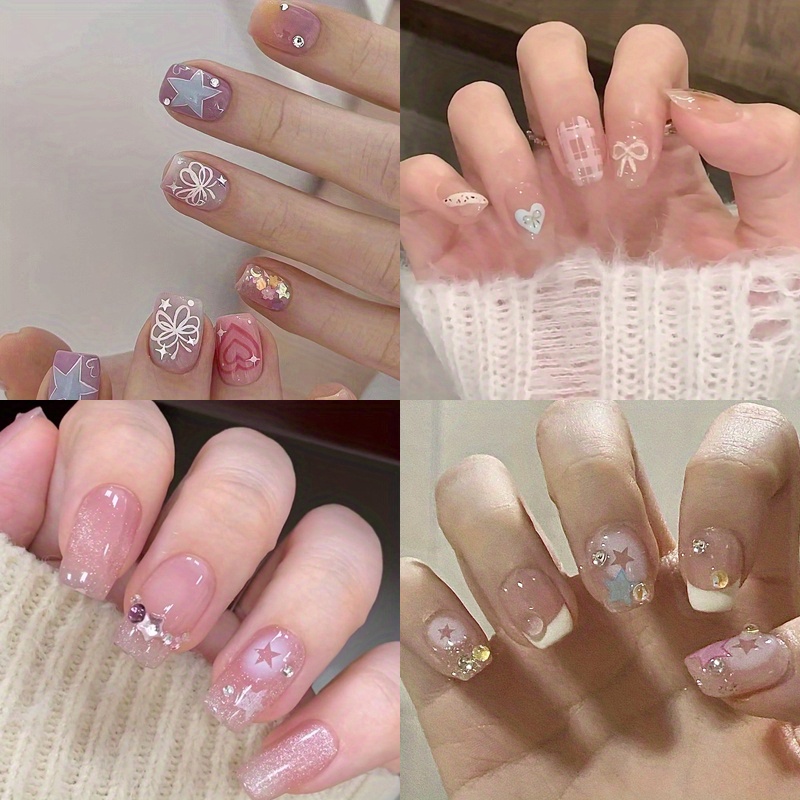 TEMU 96pcs (4pack) Press On Nails Short Square Fake Nails: Ilk White False Nail!with - Extra Short Press-on Nails Full Cover Cute Floralsummer Spring Stick On Nails For Women Manicure