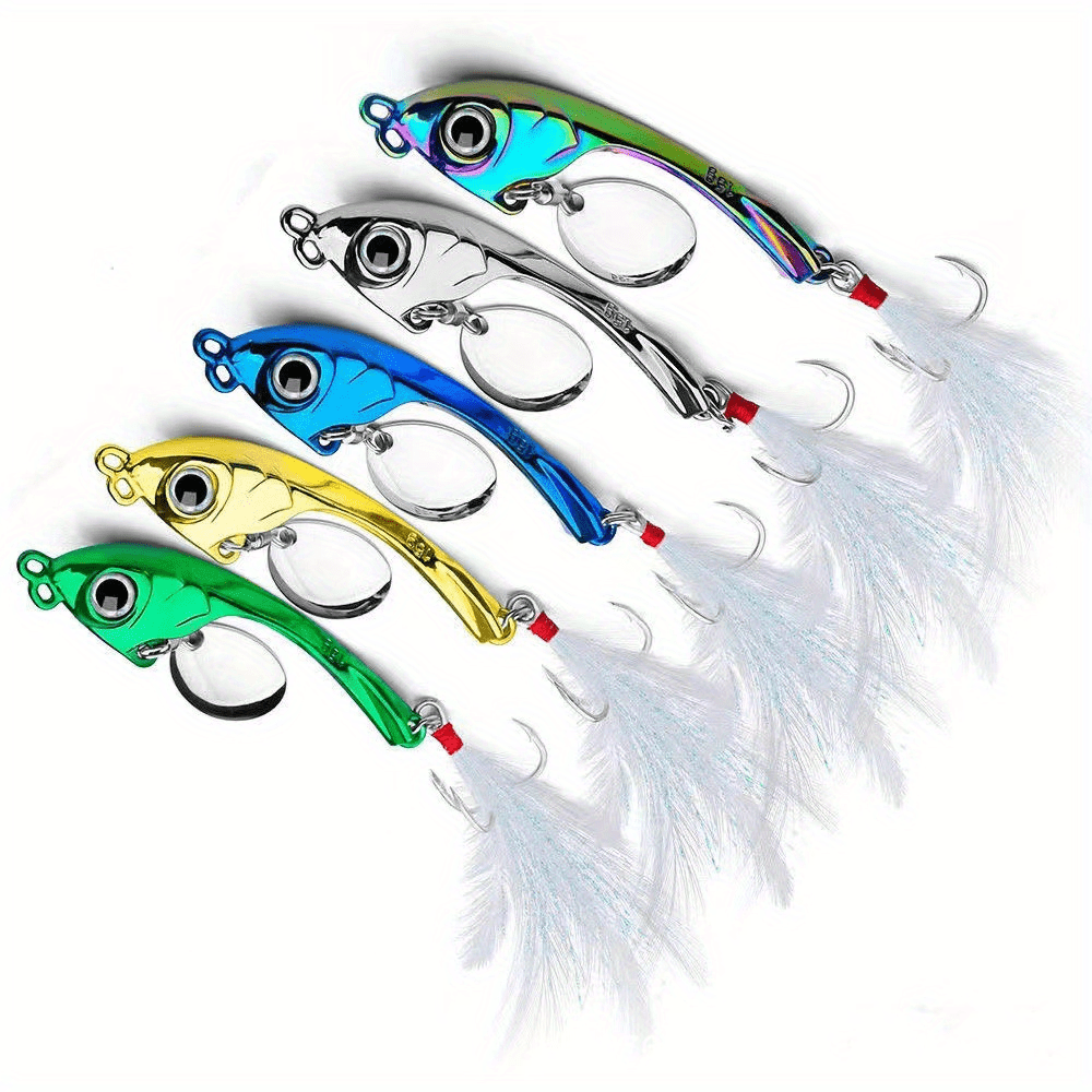 TEMU 5pcs High-quality Stainless Steel Long-cast Vib Spinner Lure Set - Perfect Bait For Bass, Trout, & Pike Fishing In Both Saltwater And Freshwater