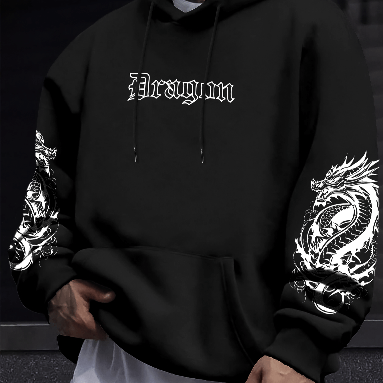 

Men's Casual Fleece-lined Hoodie With Dragon Print - Drawstring, Kangaroo Pocket Pullover For Spring/fall, Autumn And Winter, Print, Men's Fleece, Hoodie, Kangaroo Pocket