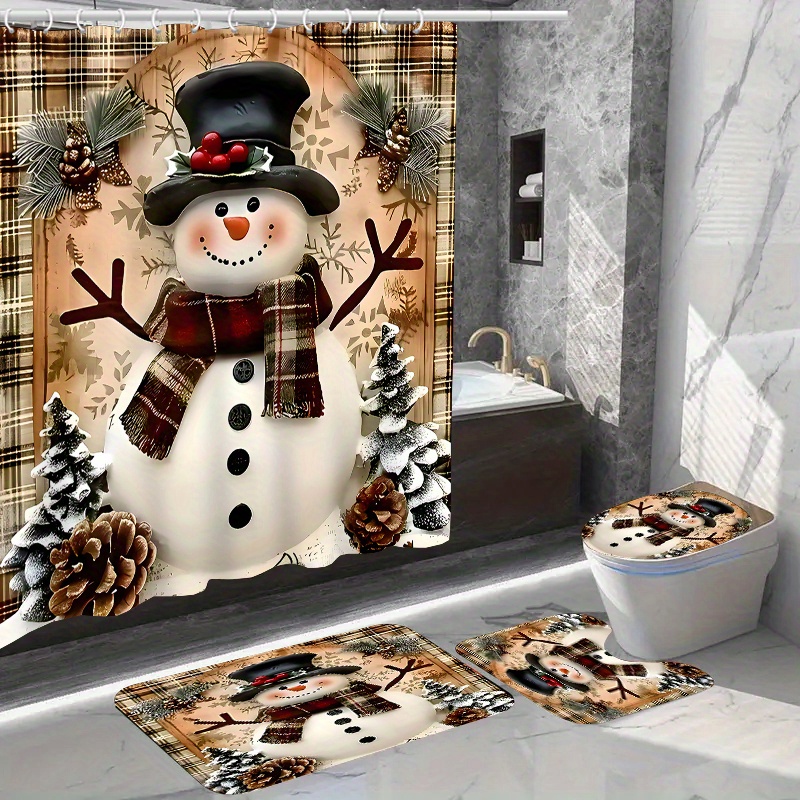 

Festive Christmas Shower Curtain Set - 1pc Or 4pcs Option With Waterproof Curtain, Non-slip Bath Mat, U-shaped Toilet Mat, And 12 Hooks - Easy-care Polyester, Stylish Design